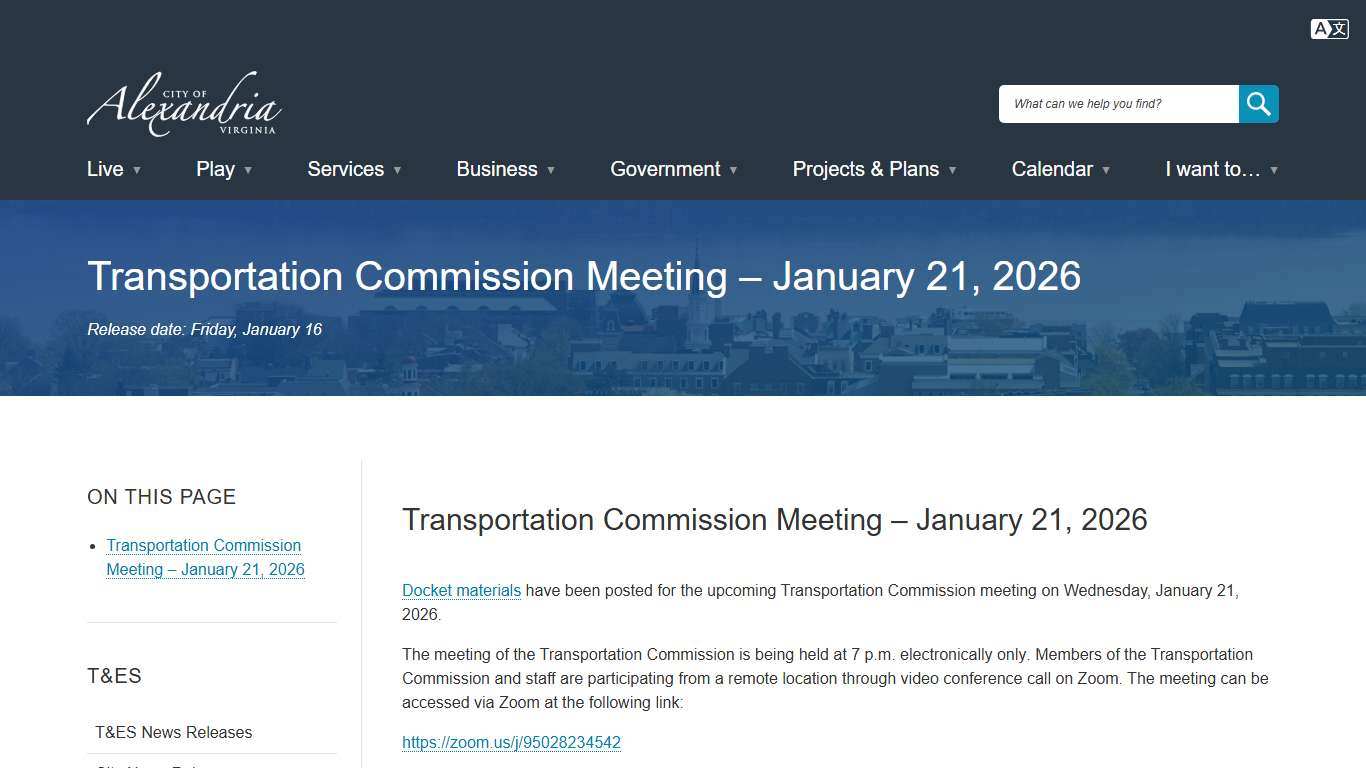 [Current] Transportation Commission Meeting – January 21, 2026 | City of Alexandria, VA